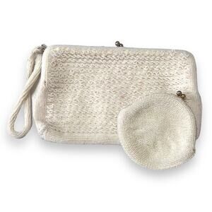 Vintage Cream Beaded Clutch With Wrist Strap And Change Purse